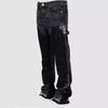 Distressed High Waist Flare Jeans with Color Block & Splatter Paint Design - Blue, Gray, Black