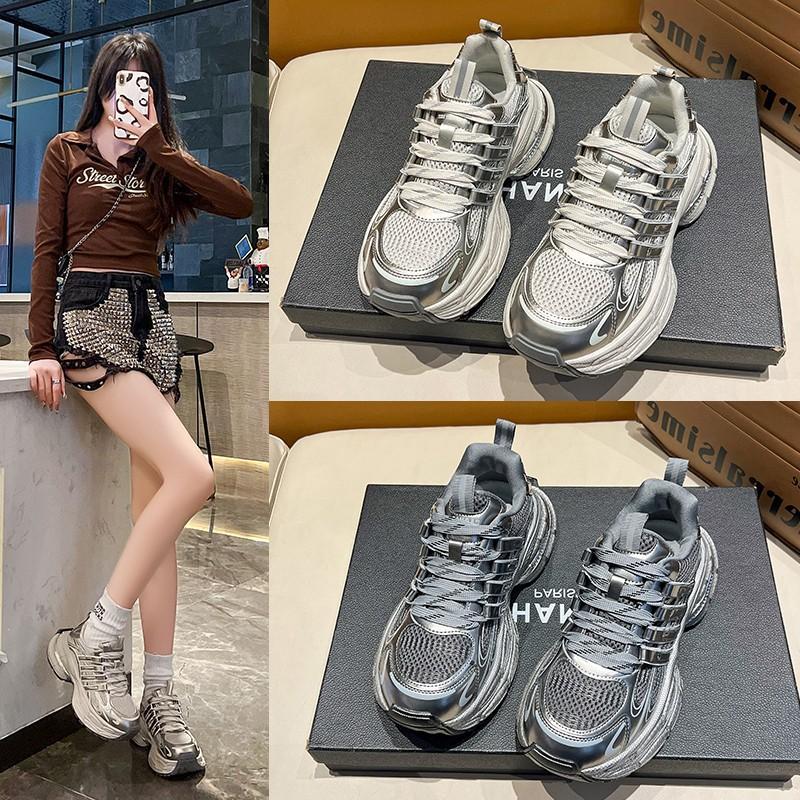 2025 spring new Korean version breathable inner height increase fried street ins trendy casual sports shoes platform silver dad shoes women