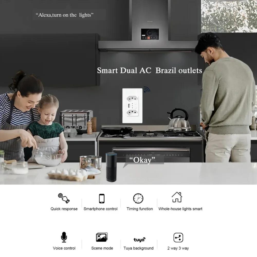 Melery Brasil WiFi Smart Stikkontakt USB Tuya Elektrisk Plugg Uttak PC/Glasspanel Alexa Google Home, Hjemmeautomasjon