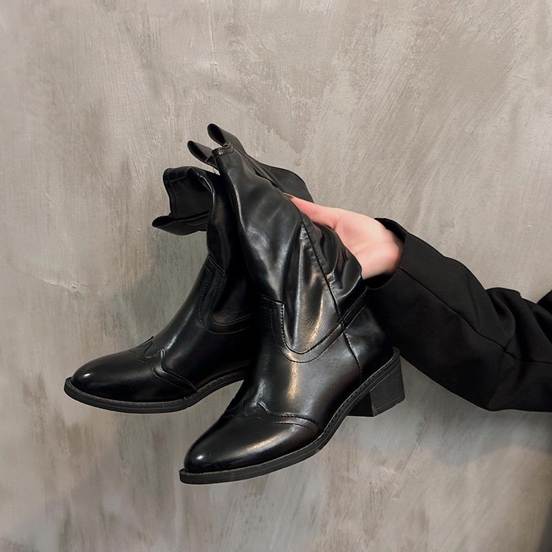 Brown Coarse Heel Martin Boots Women's New Pointed Mid-tube Pile Boots Western Cowboy Maillard Autumn Boots