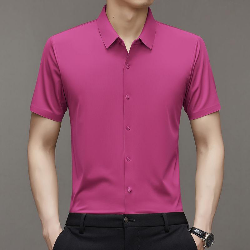 High End Ice Silk Shirts Men Short Sleeve Business Wrinkle Shirt Single Breasted Elastic Tops Luxurious Wedding Clothes