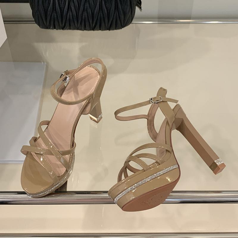 Fashion Liyke New Design Crystal Square High Heel Fetish Sandal Rhinestone Platform Open Toe Buckle Strap Party Dress Shoe Women Apricot