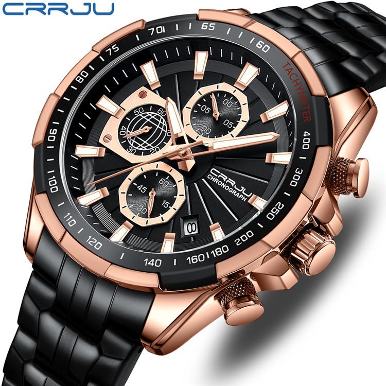 CRRJU New Watch 2305 Men's Watch Solid Stainless Steel with Six-pin Steel Strap Business Watch