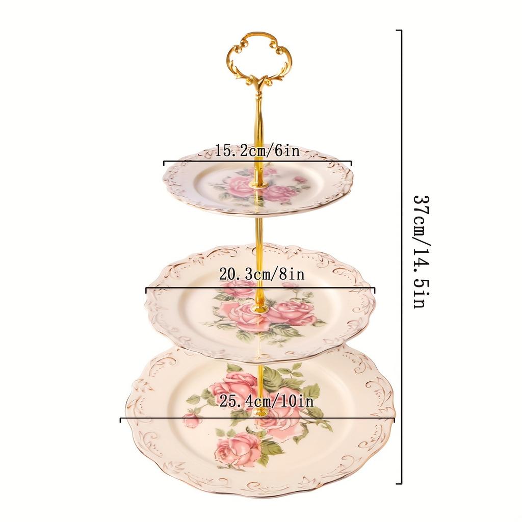 3-Tier Ceramic Dessert Stand with Metal Frame-European Style Buffet Display for Cakes, Fruits,Tea Party Wedding Table Decor