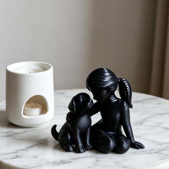Girl And Dog Statue Nordic Style Desktop Girl Dog Figurine for Bedroom Living Room Home Office Shelf Desk Decor