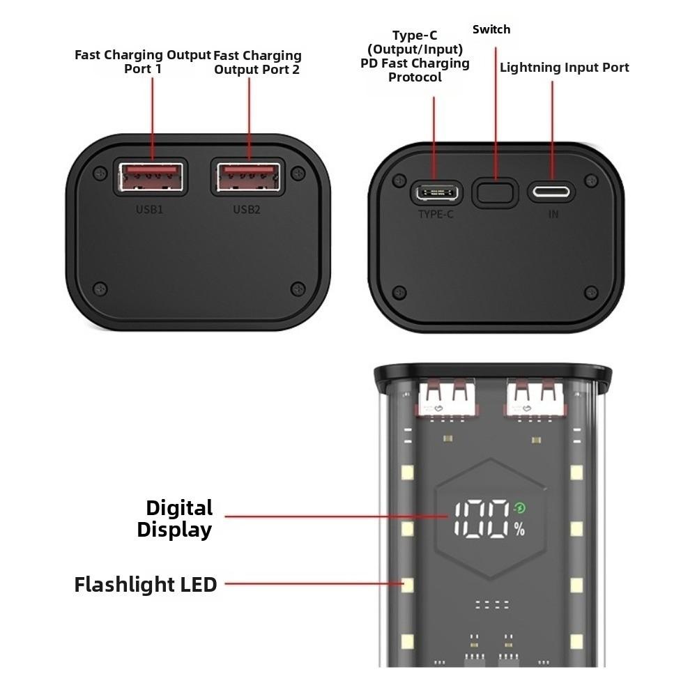 4X21700 Support DIY Power Bank Case LED Display Screen Power Bank Shell  Outdoor Charging