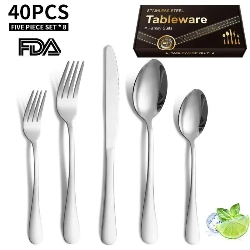 304 Stainless Steel Dinnerware Dinner Knife Fork Spoon Cake Fork Ice Tableware Spoon Mirror Tableware Set Kitchen NEW