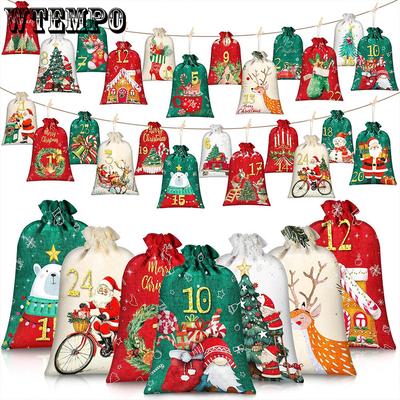24 Stück Weihnachts-Ankunftskalender-Beutel Countdown Kordelzugbeutel Stoffgeschenktüte Kinder Süßigkeiten Hängebeutel Weihnachtsdekorationsbeutel