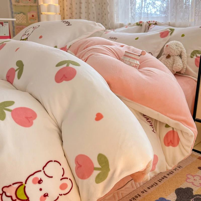 2024 New Class A Small Fresh Printed Milk Fleece Single Bedding Set Thick Warm Cartoon Quilt Cover Fall and Winter Duvet Cover