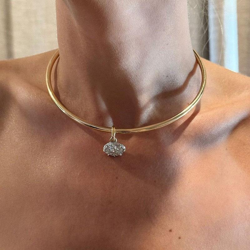 Light Luxury Simple Collar Necklace Big Crystal Oval Pendant Daily Stacking Versatile Collarbone Chain Necklace