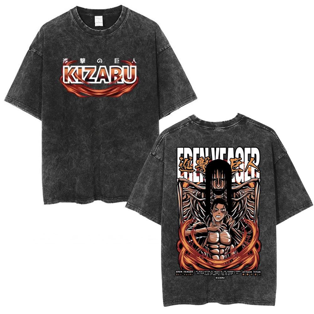 Anime Attack on Titan Washed T Shirt Men Cotton Casual Short Sleeve T-shirt Manga Levi Ackerman Oversized T-shirts Streetwear