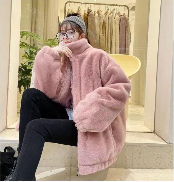 

Осень и зима новый капюшон из искусственного меха ягненок пушистое пальто женское свободное имитация кролика Рекс мех стойка воротник легкий 2XL