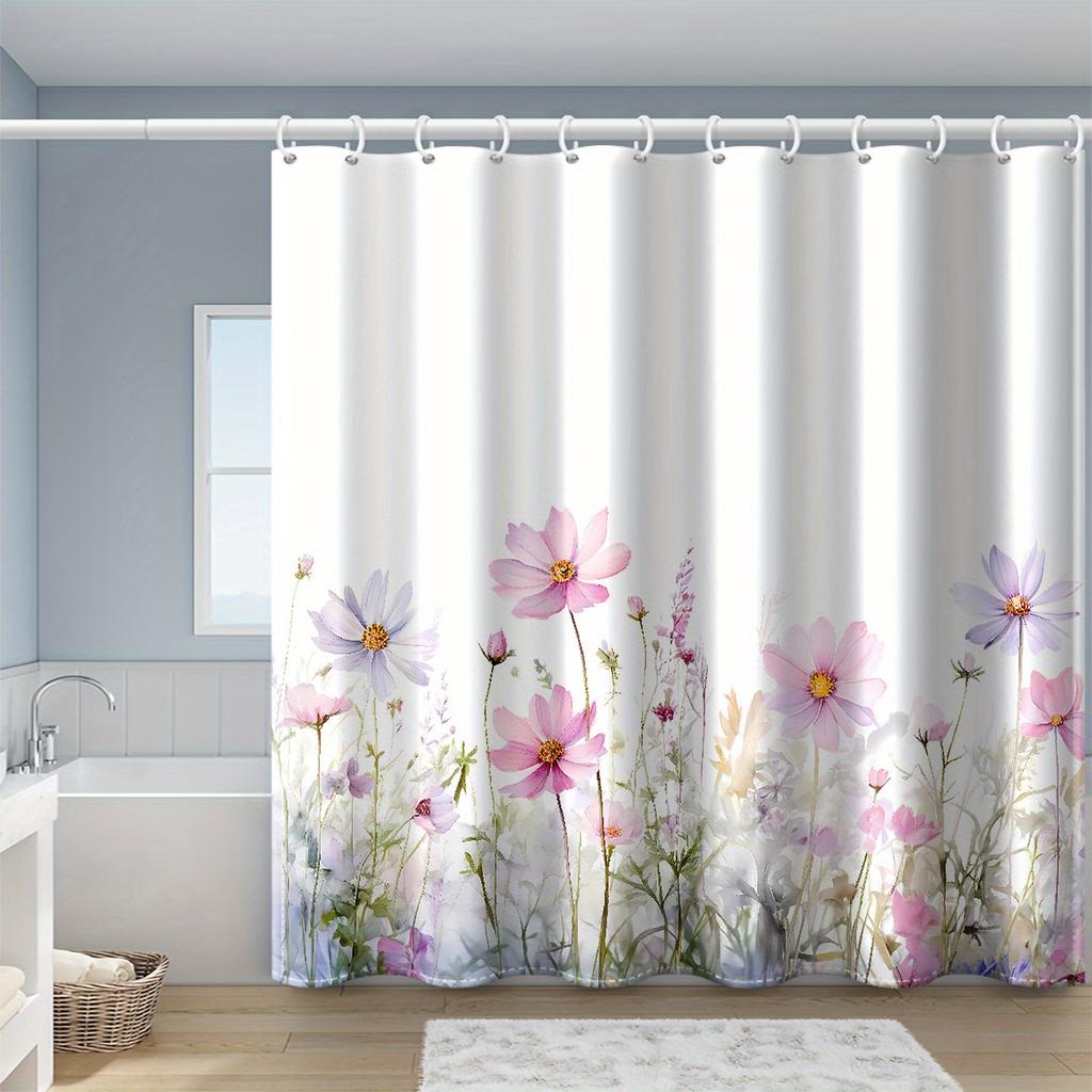 1pc Ink Floral Print Shower Curtain with Hooks, Polyester Fabric, Window and Wall, Bathtub, Bathroom Home Decor Shower Curtain