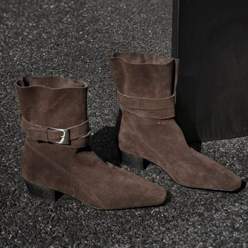 

Модные полусапожки на среднем каблуке для женщин, с острым носком, дизайнерские элегантные, новая обувь 2025, зимние классические ботильоны Челси, туфли-лодочки с пряжкой для платья 40 коричневый
