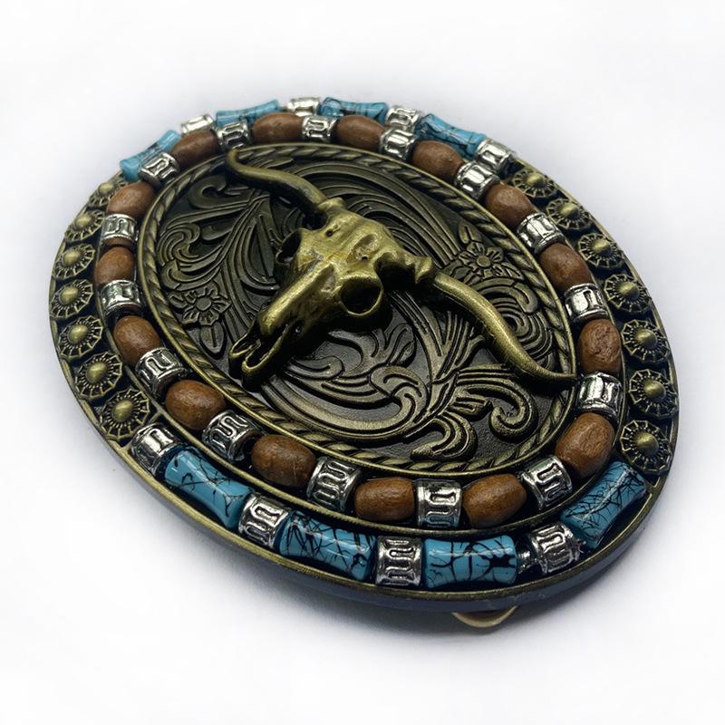Bohemian Western Cowboy Głowa Byka Owalna Klamra Paska, 4,0 cm Retro Casual