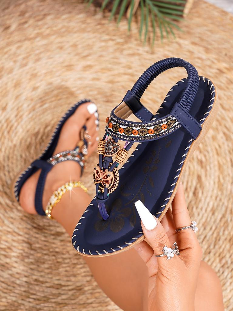 Large Size Women's Roman Shoes Summer New Lightweight Comfortable Soft Sole Beach Shoes Rhinestone Non Slip Casual Flats