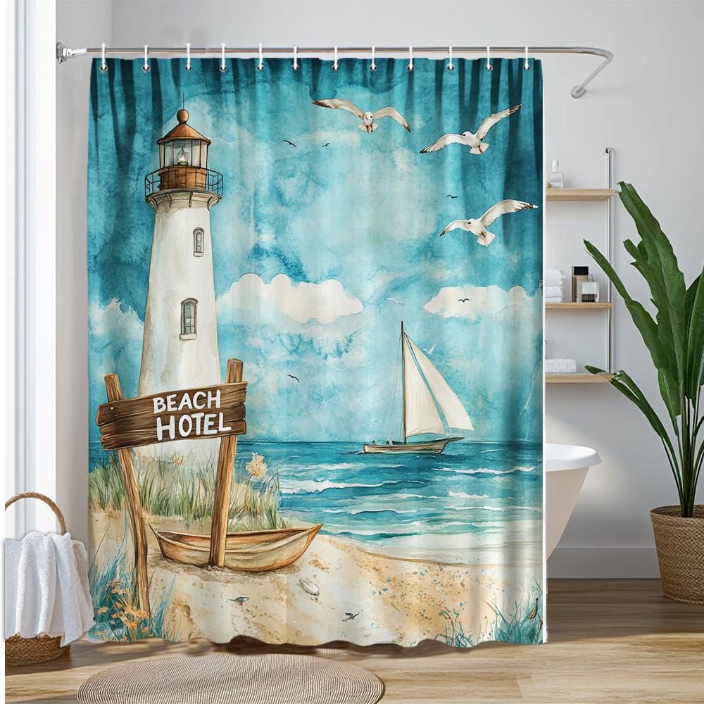 Blue Lighthouse Coastal Scenery Shower Curtain, Beach Ocean Sea Bathroom Decorative Shower Curtain, Home Curtain With Hooks