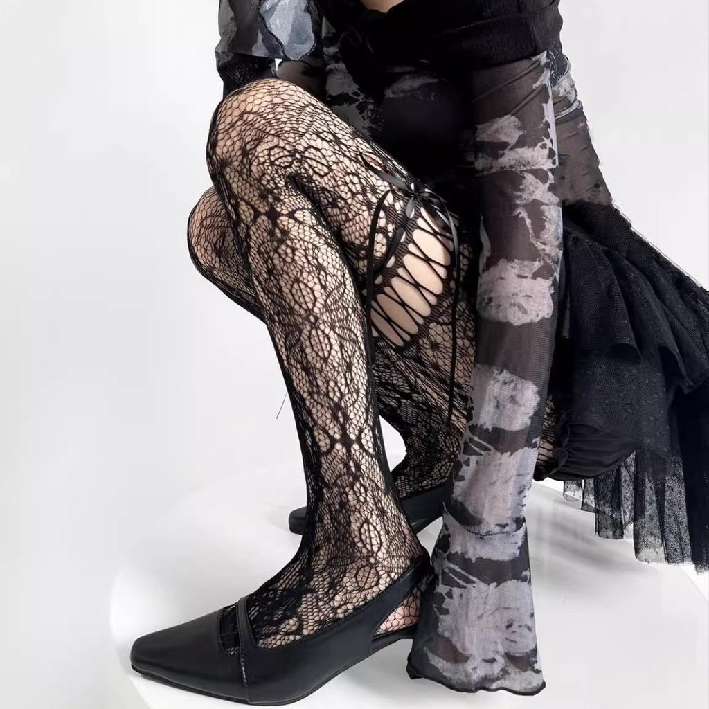 Spring/Summer Hollow Lace Bow Tie Mesh Pantyhose, Y2K Style Tights, Japanese Retro Drawstring Mesh Pants