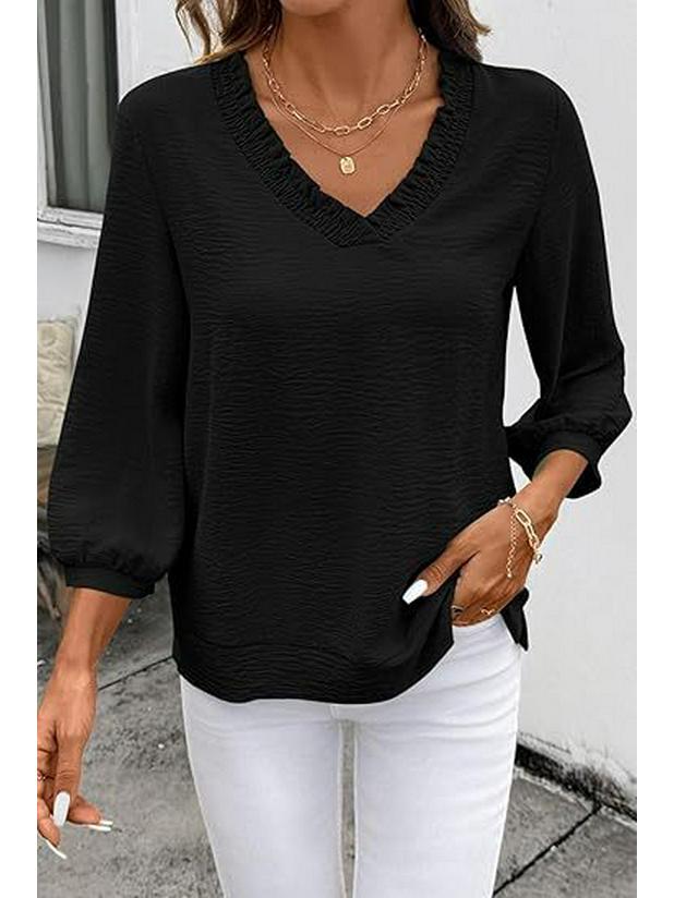 Women's V-Neck Ruffled Blouse - 3/4 Sleeve Loose Casual Shirt