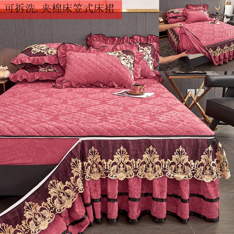 Thickened quilted bed skirt and fitted sheet two-in-one new style removable and washable winter velvet bedspread non-slip mattress protector