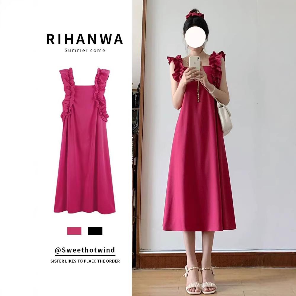 

Xiaofei Sleeve Rose Red Sleeveless Square Neck Dress Women s Summer New Sexy Backless Slim Skinny Skirt S розы красного