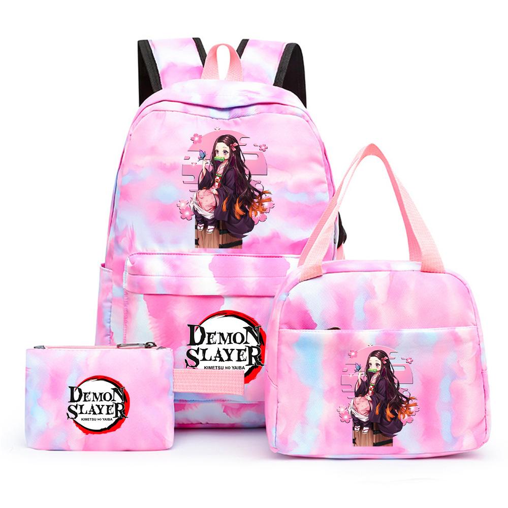 3 st/set Anime Demon Slayer Tryckt Ryggsäck med Matlåda Pennfodral för Tonåring Tillbaka till Skolan Stor Kapacitet Vattentät Skolväska Flickpojke Gåva