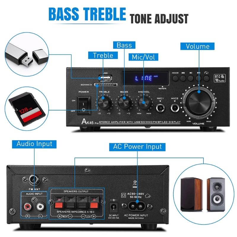 Powerful 50W+50W 2Channel Home Stereo Receiver Bluetooth-compatible Stereo Amplifier for Theater,Karaoke,USB,Support