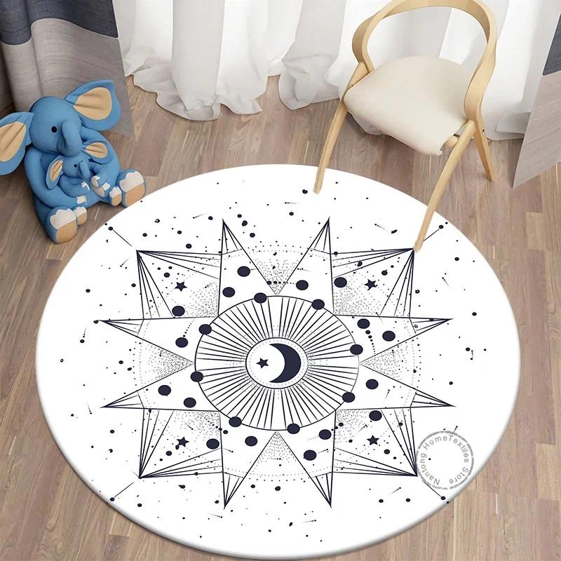 Mystery Constellation Printed Round Carpet Sun and Moon Living Room Rugs Camping Picnic Mats Anti-Slip Yoga Mat for Living Room