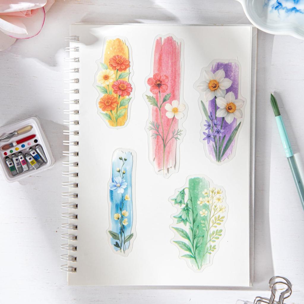 Kigofora Collage Material Flower Watercolor and Floral Collage 60 Translucent Diary Gift and Handmade Decoration Stickers and Stickers, Ink-Dyed