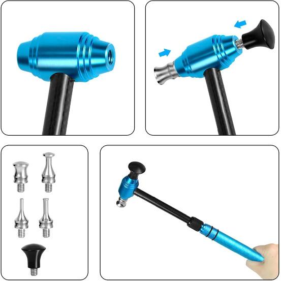 LadyRosian 16PCS Car Paintless Dent Repair Tools Aluminum Dent Hammer With Knock Down Head Tap Kit Leveling Telescopic Hammer Set For Car Hail Damage