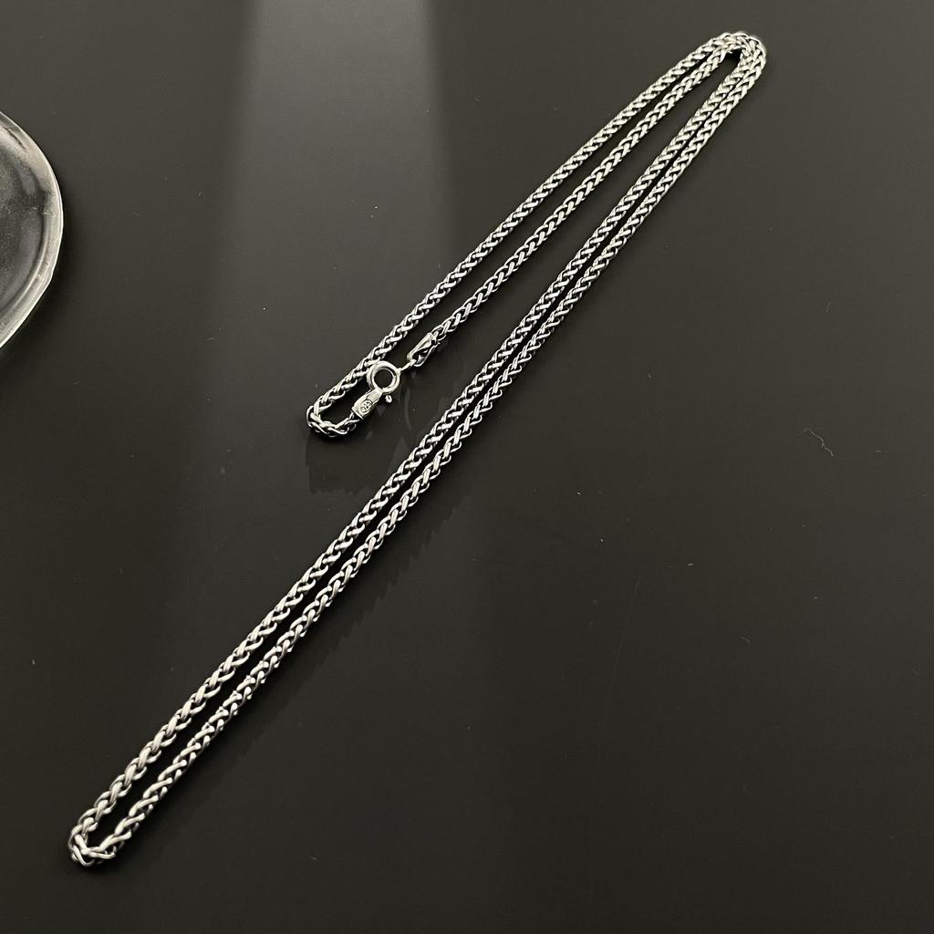 S925 Sterling Silver 2mm Dragon Bone Chain Necklace - Retro Thai Oxidized Design for Men and Women