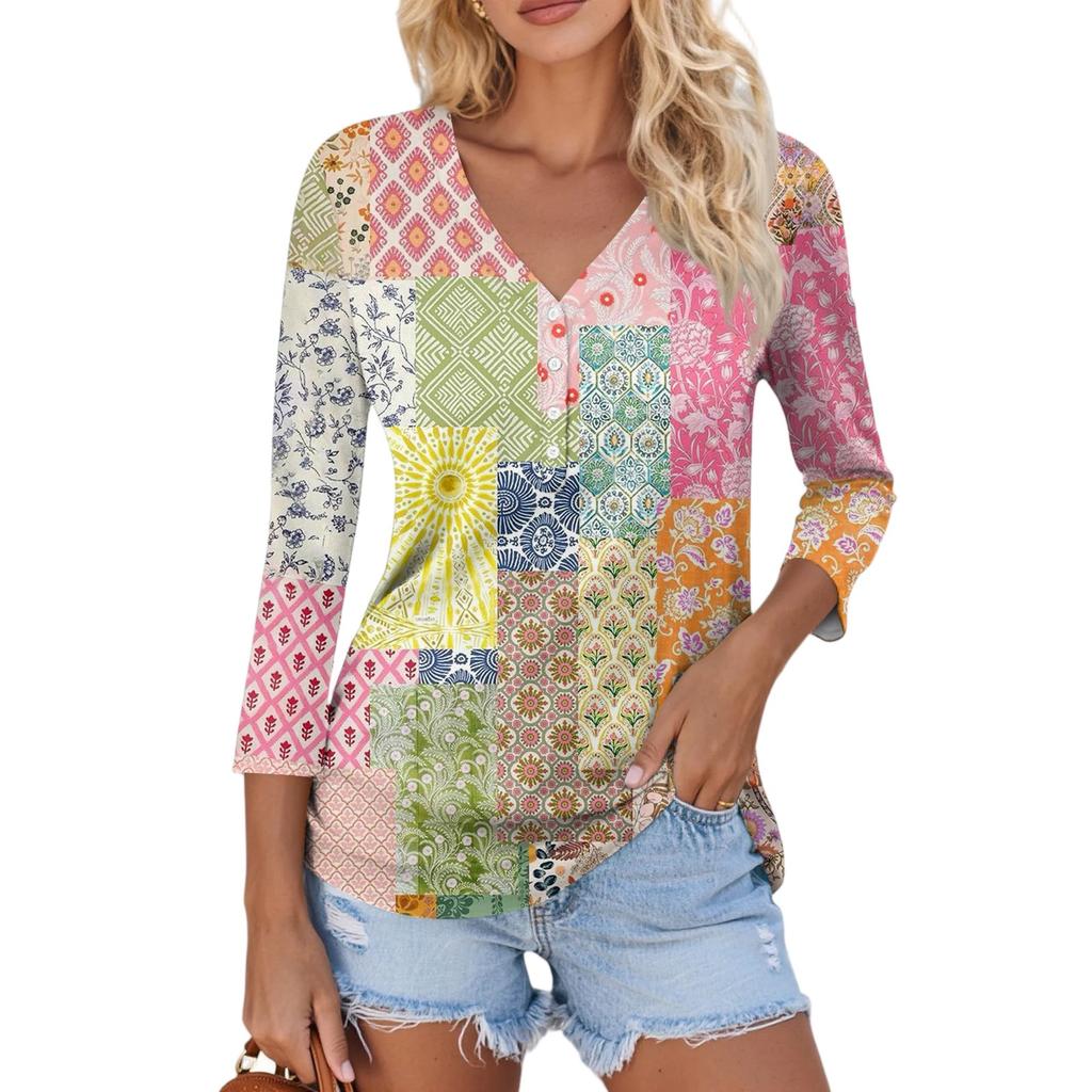 Women's Casual Fashion Sexy Comfortable V-Neck Button Floral Three-quarter Sleeve Top