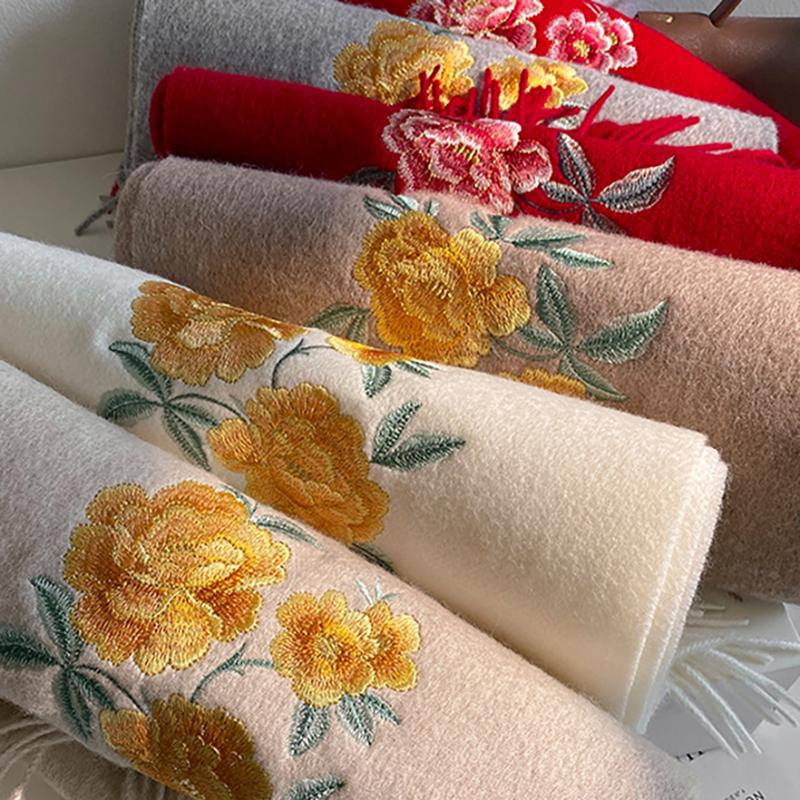 Winter Scarf for Women Long Warm Embroidery Cashmere Scarves Hijab Solid Lady Shawl Wrap Female Pashmina Bandana Head Scarf