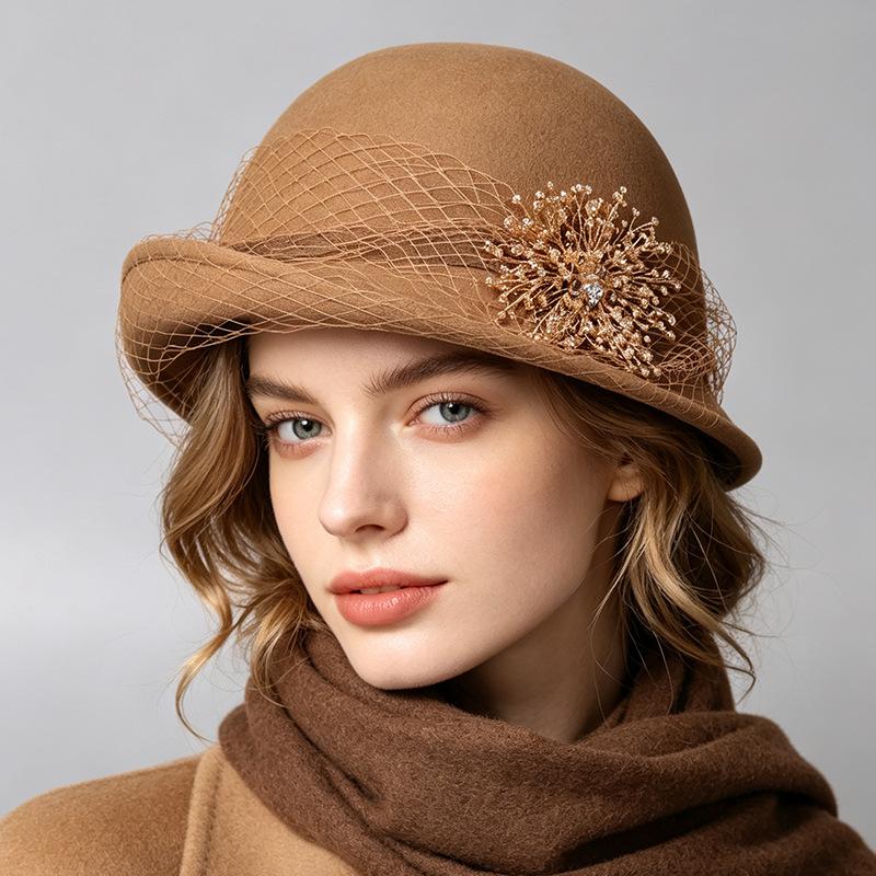 Autumn and Winter Wool Bucket Hat Women's Autumn and Winter Pearl Pot Hat Elegant Bow Temperament Versatile Felt Hat
