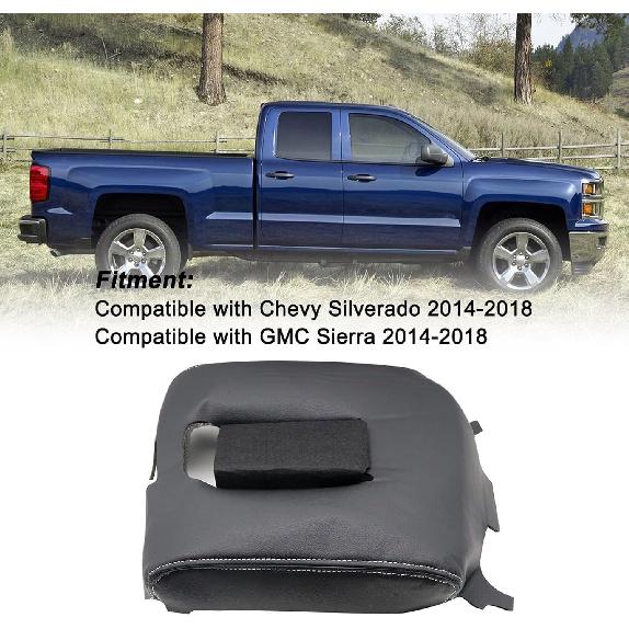 SecosAutoparts Black Leather Center Console Leather Lid Armrest Cover Replacement Compatible With Chevy Silverado GMC Sierra 2014 2015 2016 2017 2018