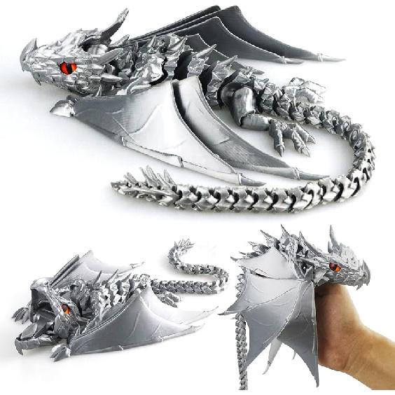 3D Printed Dragon with Wings, Fidget Dragon Toys, 3D Printed Animals, Flexible Articulated Winged Crystal Dragon Model,Home Office Decor Desktop Silk-silver