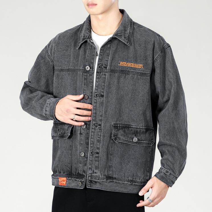Men's Functional Embroidered Denim Jacket - Autumn/Winter Loose Fit, Japanese Trend, Plus Size Outerwear