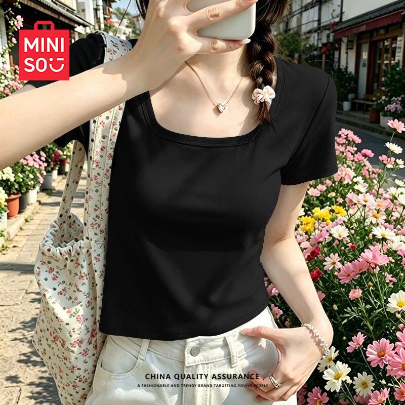 MINISO Women's Slim Fit Square Neck Short Sleeve T-Shirt