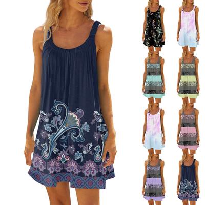 Women's Fashion Summer Beach Casual Print Sleeveless Cute Sling Dress