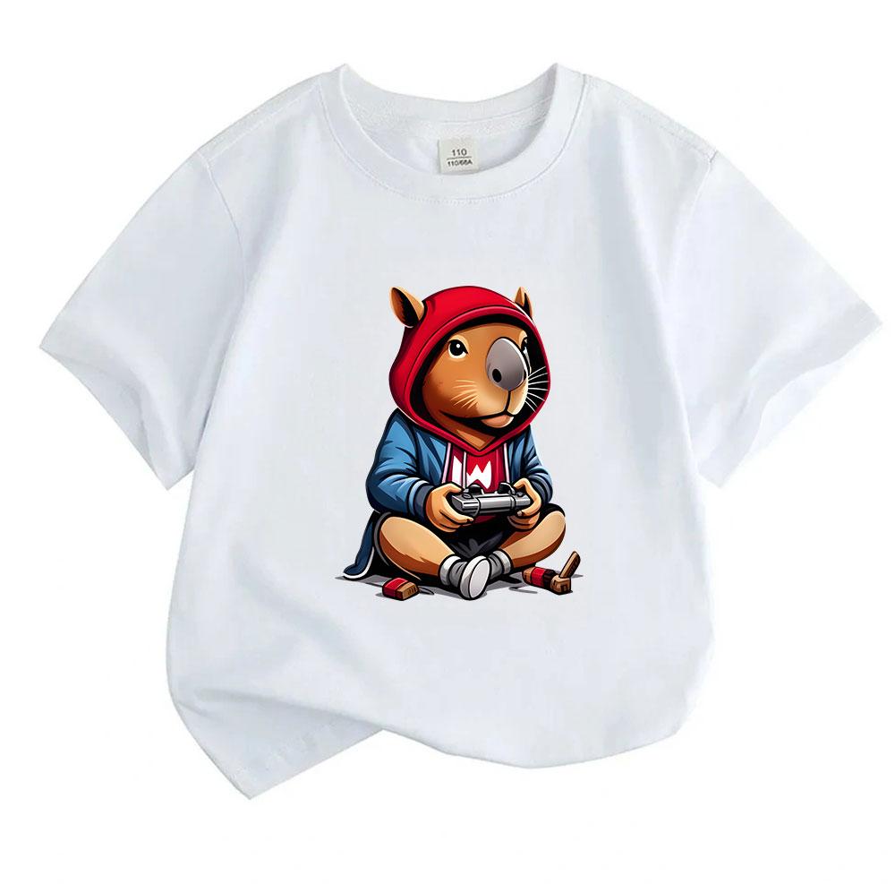 Kids Boys Girls 100% Cotton Crew Neck Short Sleeve T-Shirt, Funny Capybara Gamer Pattern Casual Soft Breathable Tee For Game Lovers Children Daily Wea