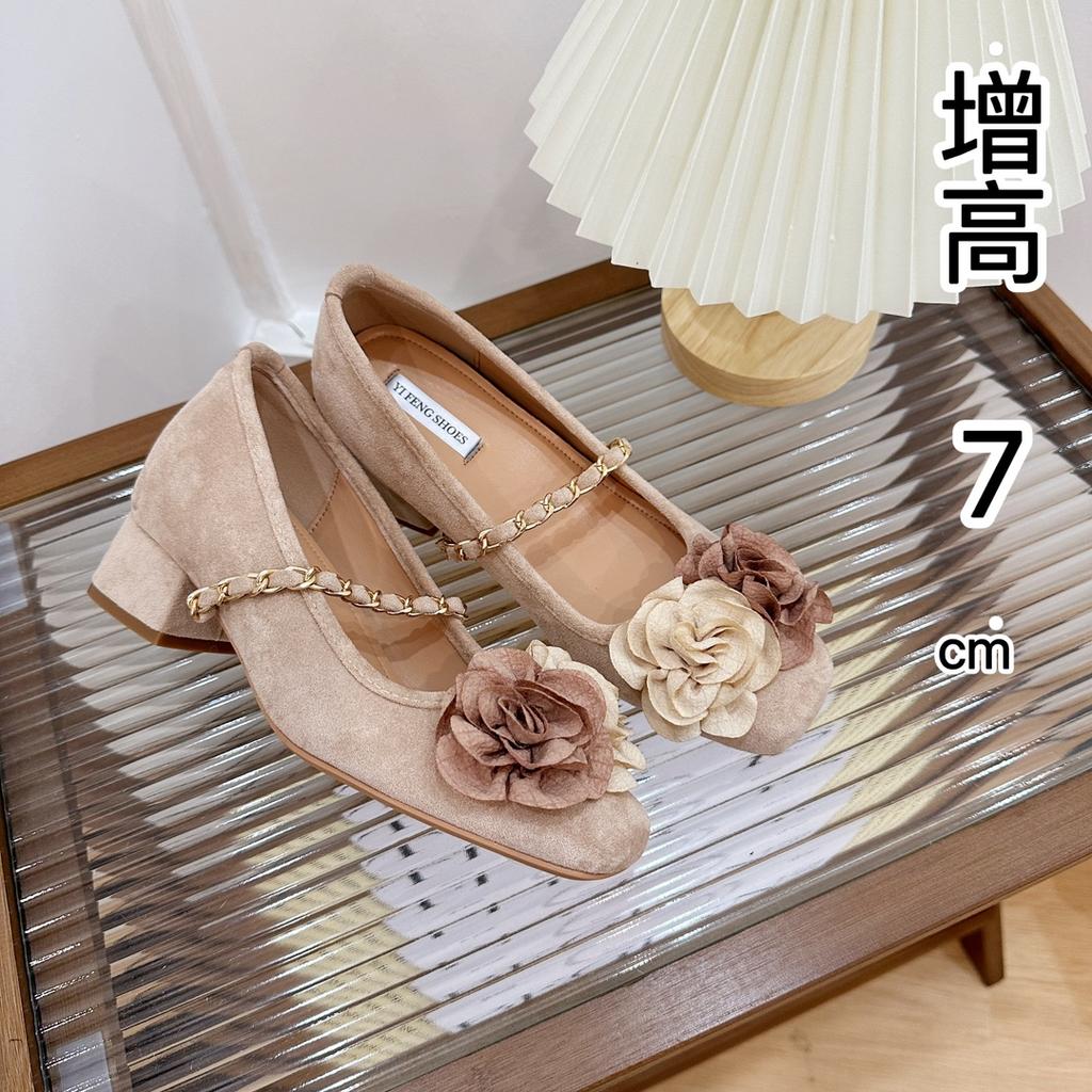 Evening wind elegant camellia thick heel plus inner increase 7cm ballet shoes new Chinese chain knock gentle retro high heels
