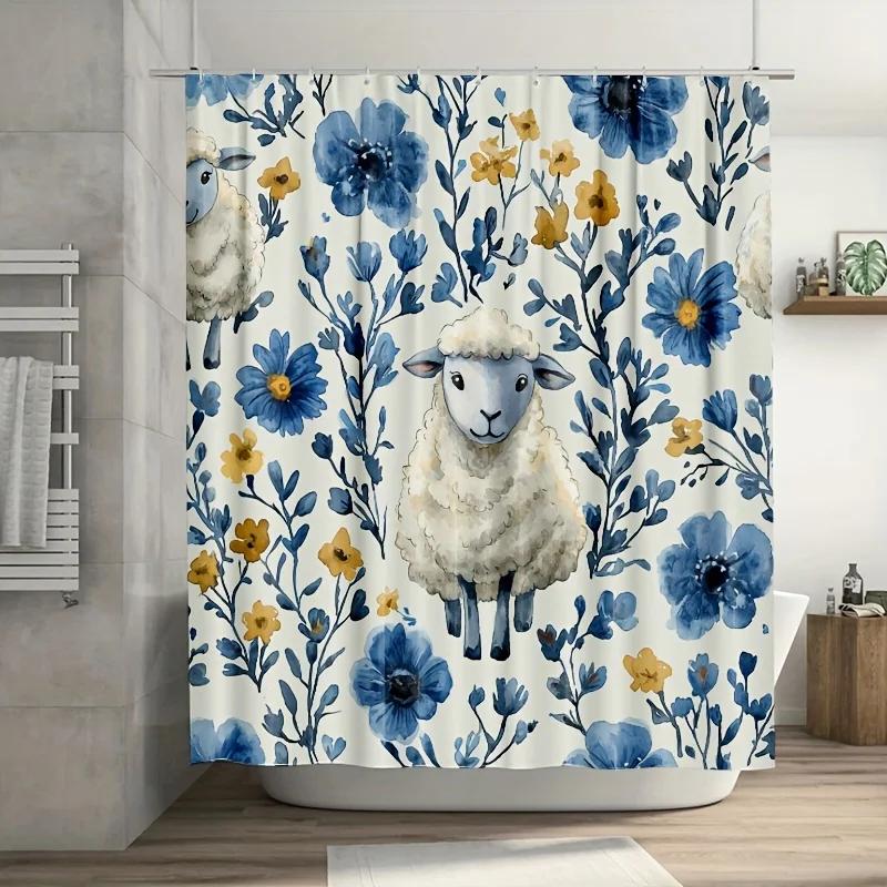 

1Pc Sheep & Floral Shower Curtain - Cartoon Design, 71X71 Inch, Polyester, 12 Hooks, Hand Wash, Summer Decor W60H190(CM)-1 Pcs
