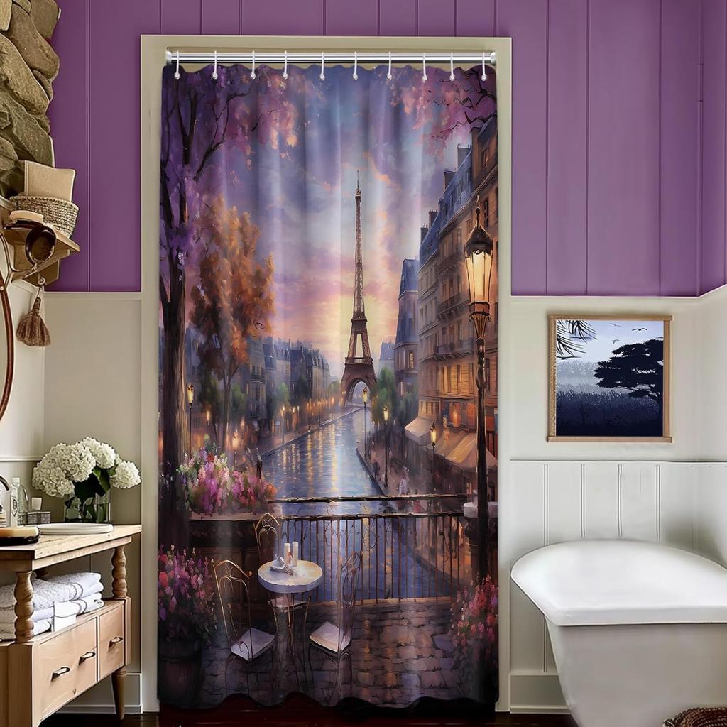 Vintage Paris Shower Curtain Eiffel Tower French Cityscape Shower Curta for Bathroom Decor Set, Waterproof Fabric with Hooks (70''W x 72''L)