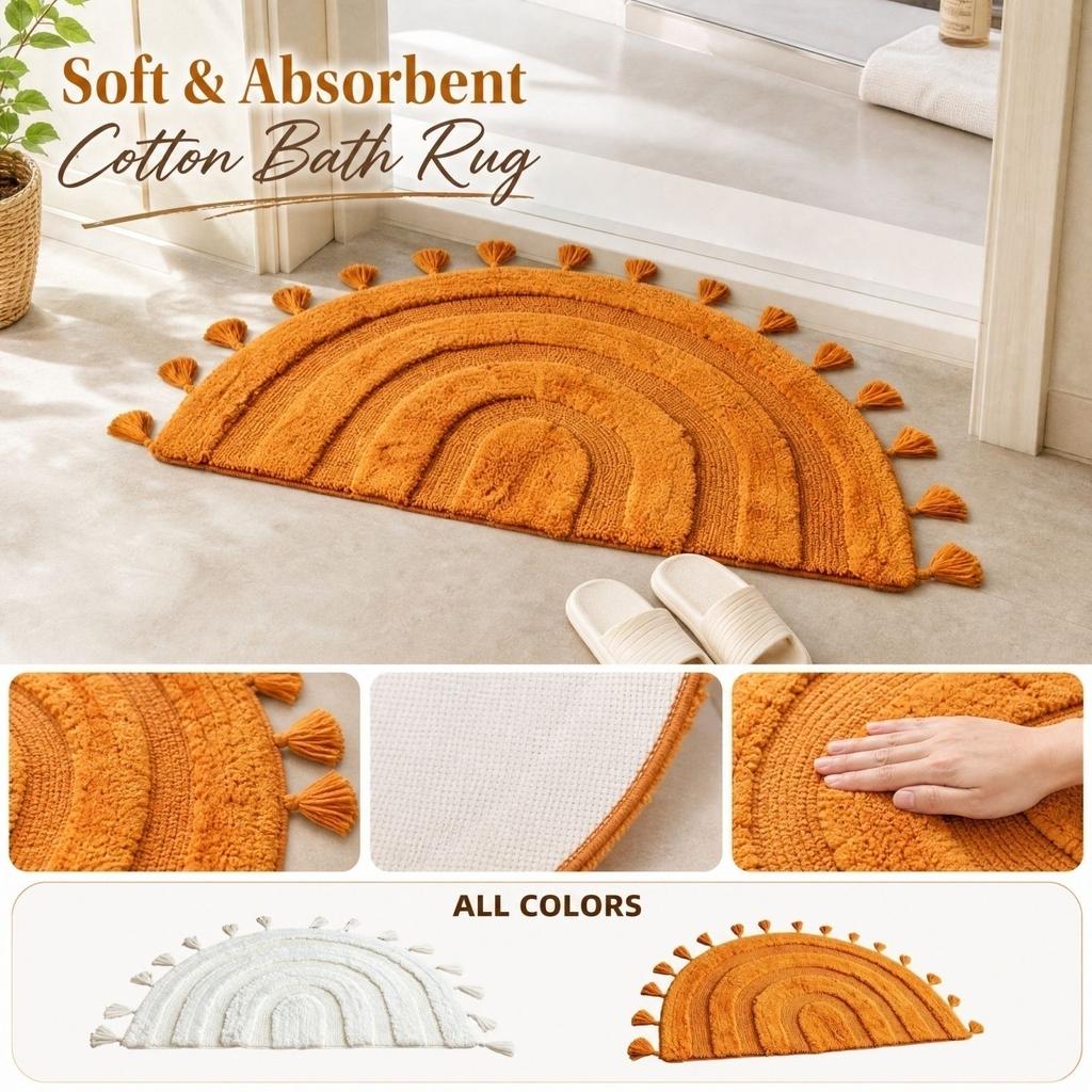 Arched Doormat with Tassels - Cotton Absorbent Non- for Bathroom Bedroom Entryway