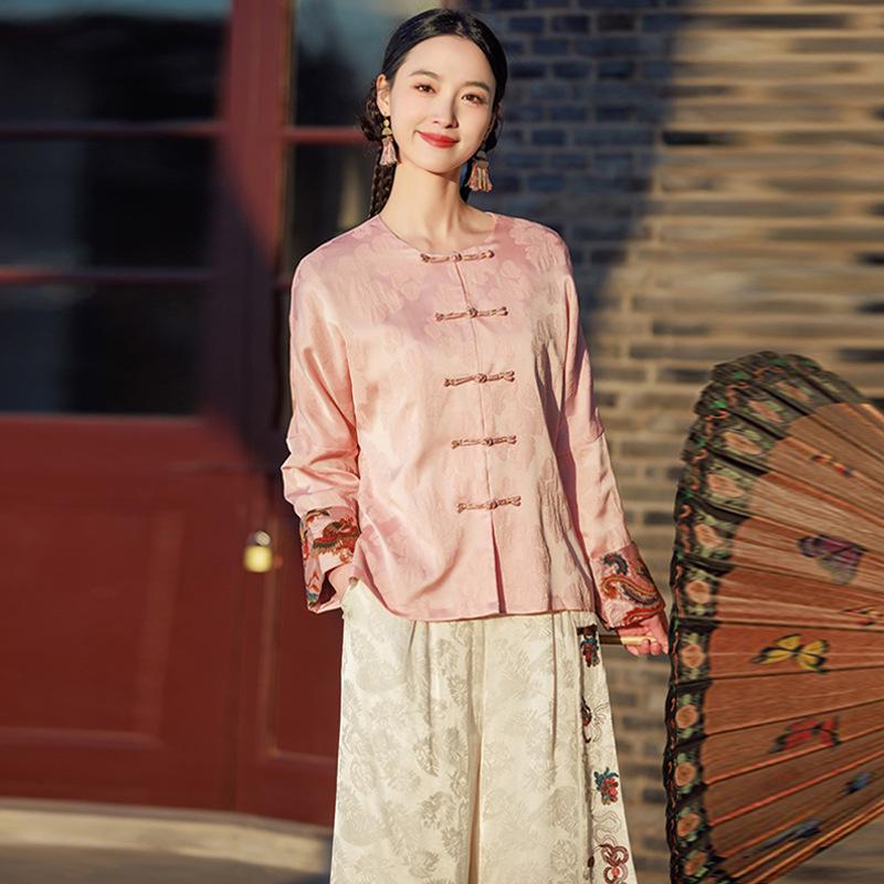 

Женский свободный топ Тан с длинным рукавом 2025 года с золотой вышивкой в стиле ретро из пряжи Сянъюнь с цветовой блокировкой L розовый