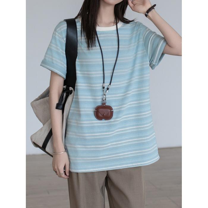 

No price reduction, Korean ins blue striped T-shirt women s short-sleeved summer loose casual small fresh top tide S