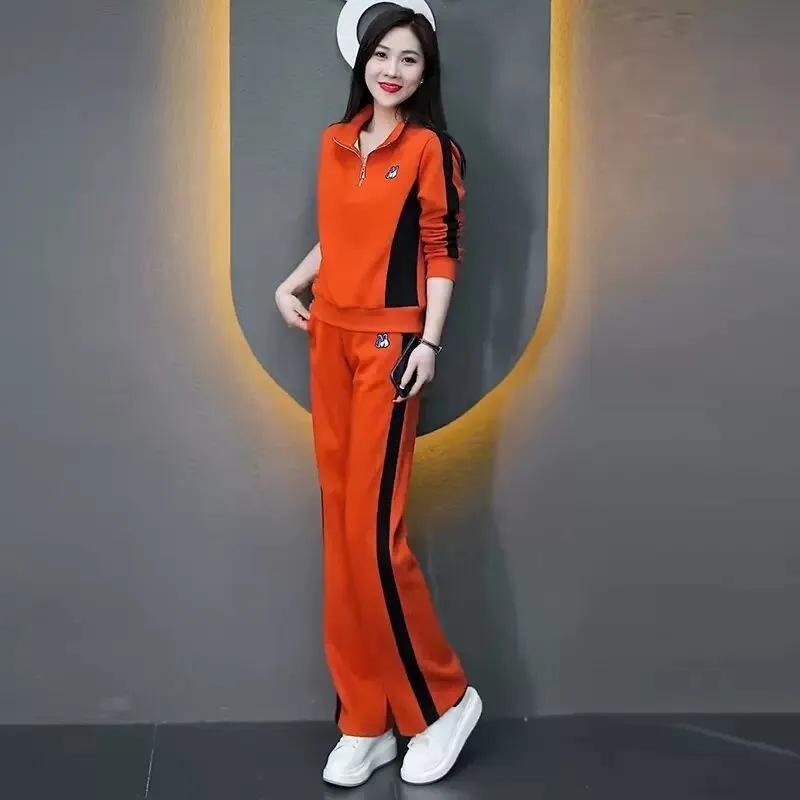 2025 Trendy Slimming Stand-up Collar Sweatshirt & Wide-leg Pants Set for Women - Casual Spring/Autumn Sportswear