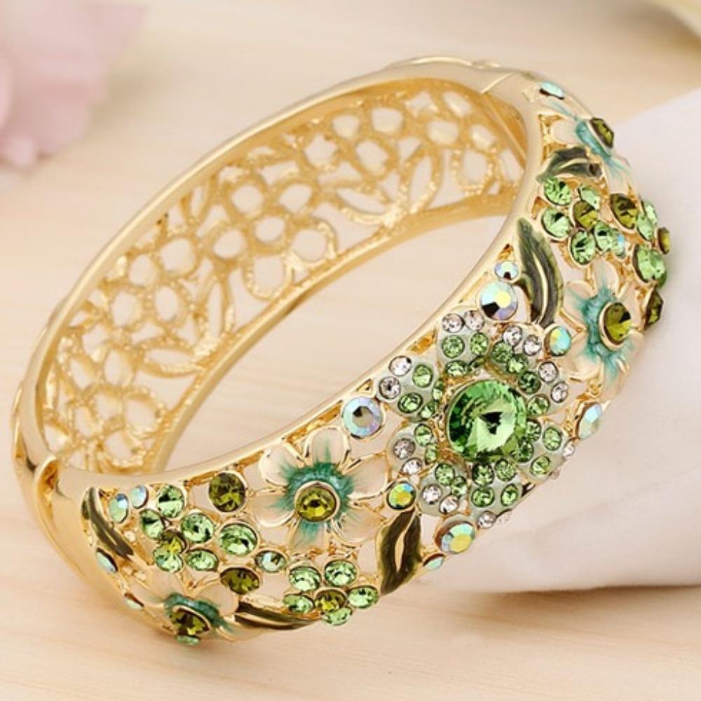 Enamel Chinese Cloisonne Bracelet Rhinestone Women's Hand Bracelet Hollow Out Flower Bangle  Gifts