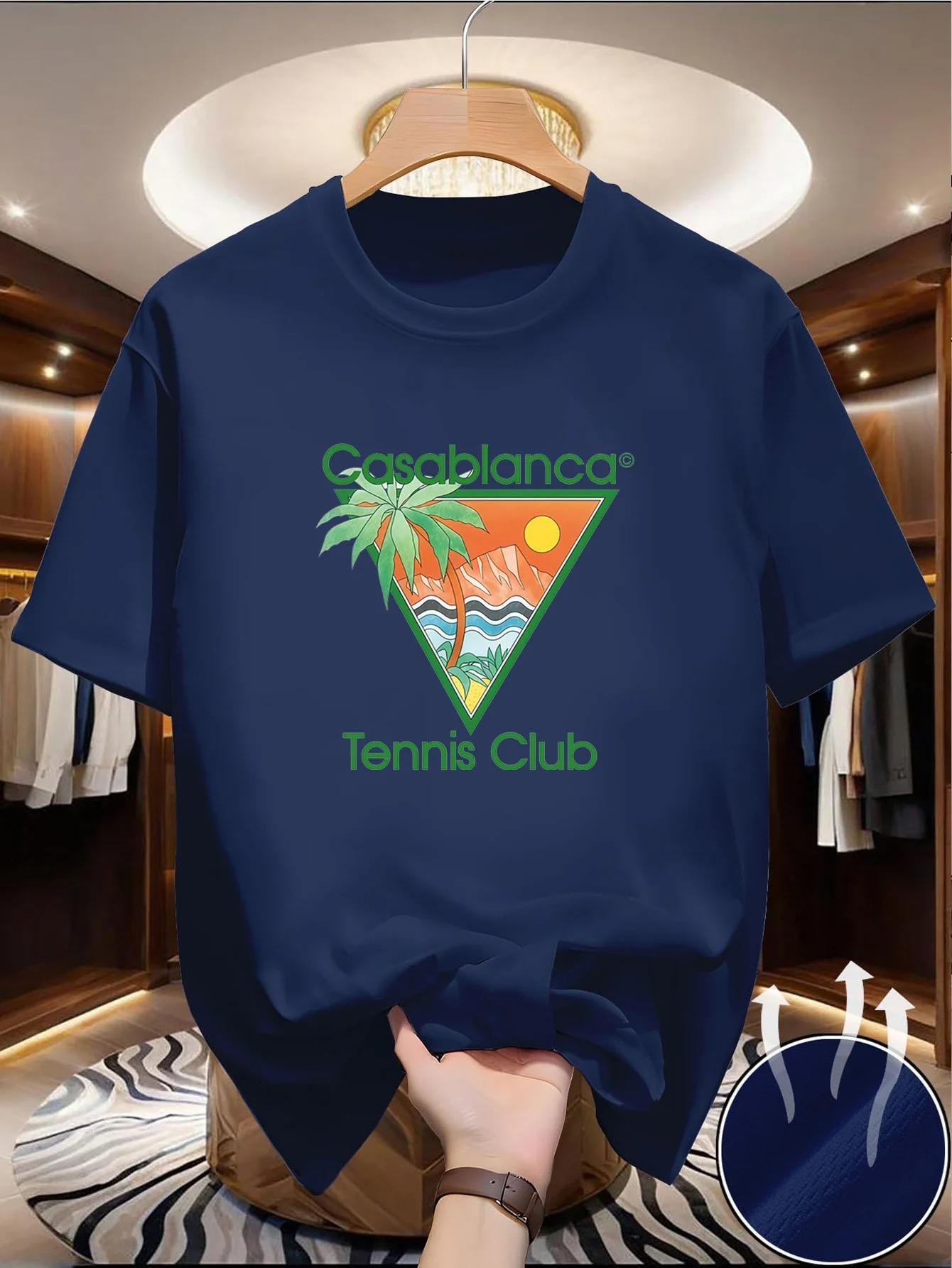 

Hot Sale Casablanca Tennis Club Graphic Print T-Shirt Men Women Features A Green Casablanca Triangular Design That Includes Elements Like Palm Trees XXXL темно-синього кольору