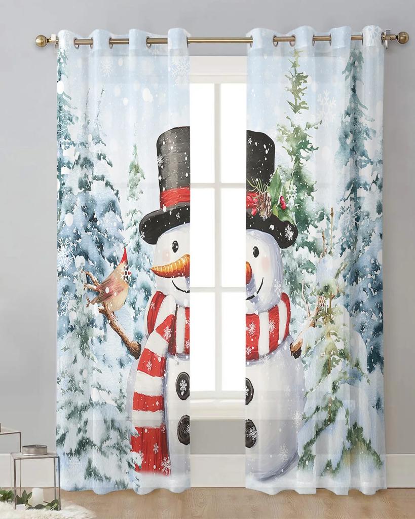 Christmas Snow Scene Snowman Sheer Curtains for Living Room Decoration Window Curtains Kitchen Tulle Voile Curtains